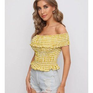 ⭐️Sale New! Off Shoulder Gingham Shirred Top in Yellow